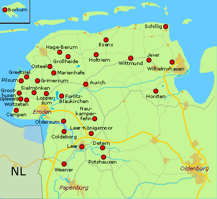 Ostfrieslandkarte mit Lage der historischen Häuser - bitte Orte anklicken