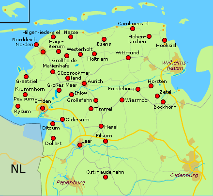 Ostfrieslandkarte mit Lage der Ferienhuser - bitte Orte anklicken